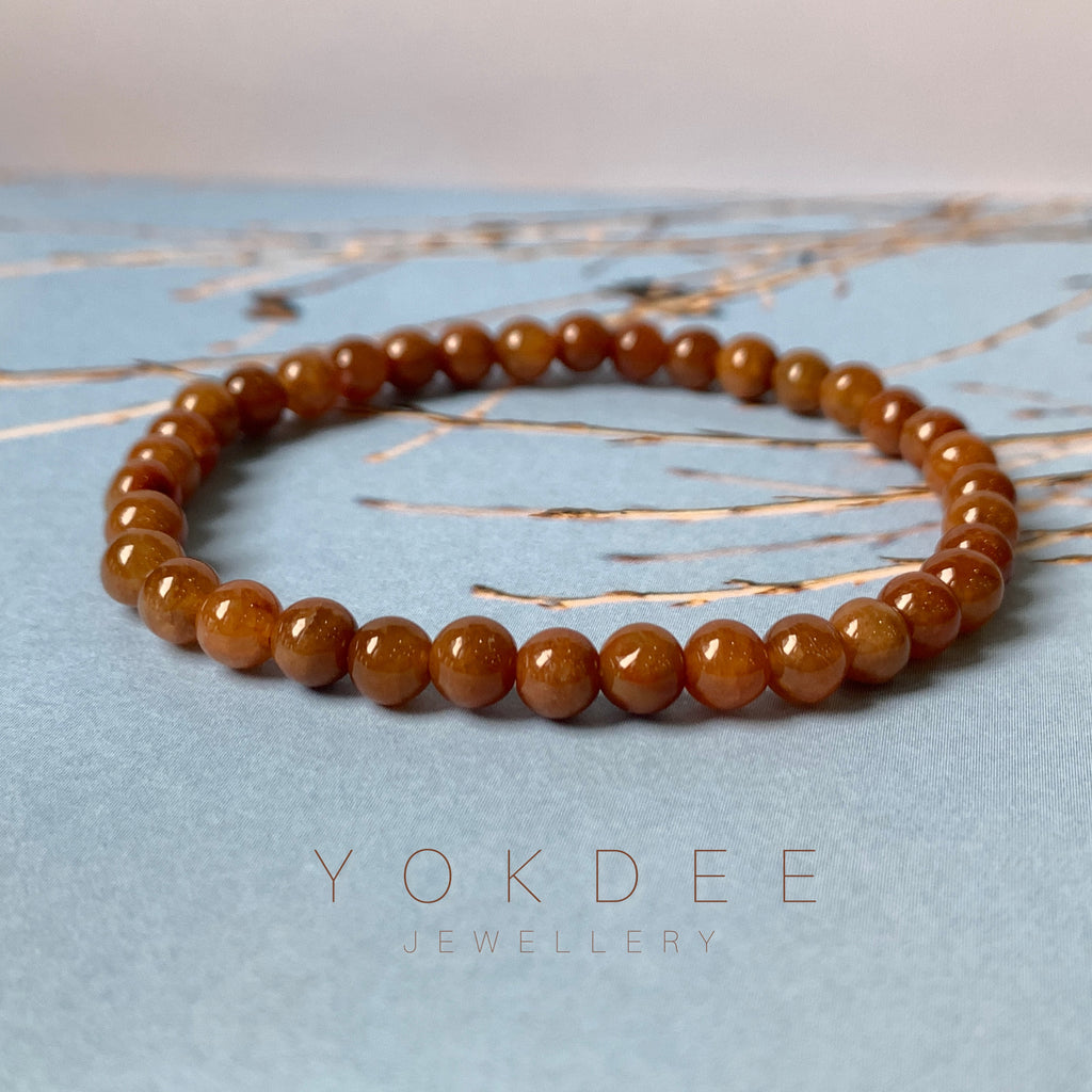 5.4mm A-Grade Natural Reddish Brown Jadeite Beaded Bracelet No.190387