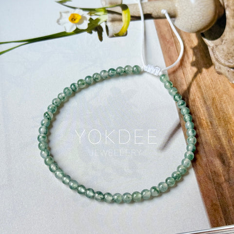 3.4mm Icy A-Grade Natural Bluish Green Floral Jadeite Beaded Bracelet No.190480