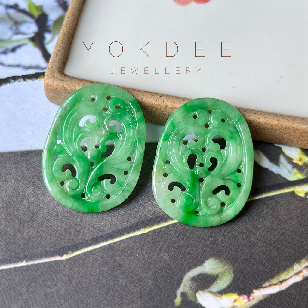 SOLD OUT: 35cts A-Grade Natural Moss on Snow Jadeite Oval Pair with Acanthus Leaf Carvings No.180720