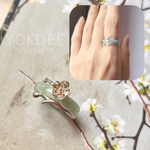 SOLD OUT: A-Grade Natural Blue Green Jadeite Joseon Dynasty Cherry Blossom Blooming Ring No.162429