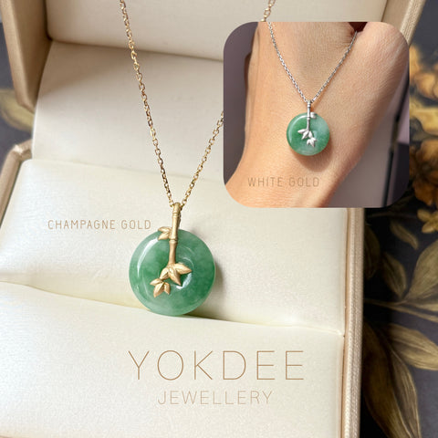 A-Grade Green Floral Imperial Green Jadeite Donut Bamboo Pendant (Dual Gold Tone) No.172612