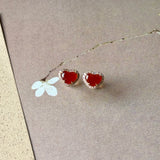 Icy A-Grade Natural Red Jadeite Heart Stud Earrings No. 180963