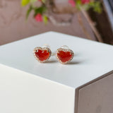 Icy A-Grade Natural Red Jadeite Heart Stud Earrings No. 180963