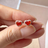 Icy A-Grade Natural Red Jadeite Heart Stud Earrings No. 180963