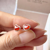 Icy A-Grade Natural Red Jadeite Heart Stud Earrings No. 180963