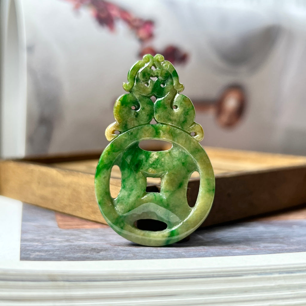 A-Grade Natural Yellowish Green Jadeite Dragon & Money Pendant No.220142