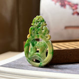 A-Grade Natural Yellowish Green Jadeite Dragon & Money Pendant No.220142