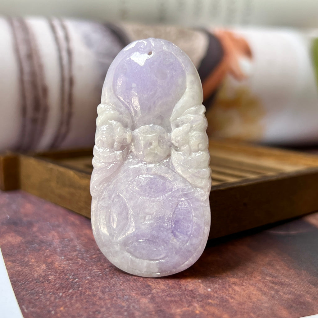 A-Grade Natural Lavender Jadeite Bat Money & Ruyi Pendant No.170916