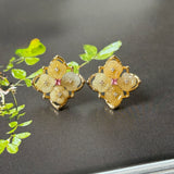 A-Grade Natural Yellow Jadeite Osmantus Flower Stud Earring No. 180882
