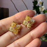 A-Grade Natural Yellow Jadeite Osmantus Flower Stud Earring No. 180882