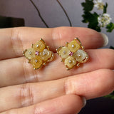 A-Grade Natural Yellow Jadeite Osmantus Flower Stud Earring No. 180882