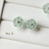 Icy A-Grade Natural Bluish Green Floral Jadeite Frangipani Flower Stud Earring No. 180884