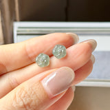 Icy A-Grade Natural Bluish Green Floral Jadeite Frangipani Flower Stud Earring No. 180884