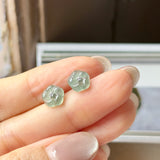 Icy A-Grade Natural Bluish Green Floral Jadeite Frangipani Flower Stud Earring No. 180884