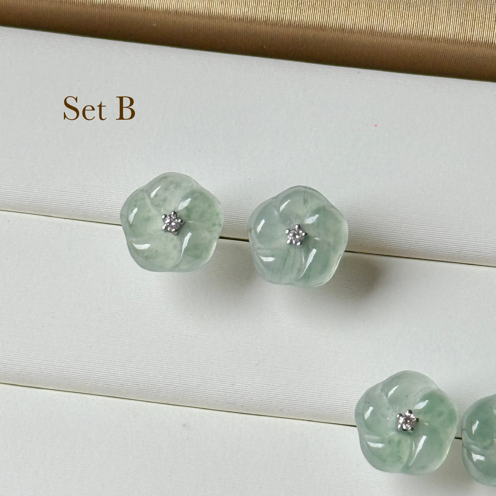 Icy A-Grade Natural Bluish Green Floral Jadeite Frangipani Flower Stud Earring No. 180884