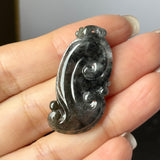 Icy A-Grade Black Jadeite Ruyi Pendant No. 172719
