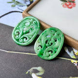 SOLD OUT: 35cts A-Grade Natural Moss on Snow Jadeite Oval Pair with Acanthus Leaf Carvings No.180720