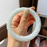 57.6mm A-Grade Natural Light Green Jadeite Traditional Round Bangle With Rope Carving No.151586