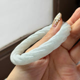 57.6mm A-Grade Natural Light Green Jadeite Traditional Round Bangle With Rope Carving No.151586