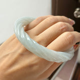 57.6mm A-Grade Natural Light Green Jadeite Traditional Round Bangle With Rope Carving No.151586