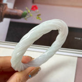 57.6mm A-Grade Natural Light Green Jadeite Traditional Round Bangle With Rope Carving No.151586