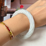 57.6mm A-Grade Natural Light Green Jadeite Traditional Round Bangle With Rope Carving No.151586