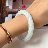 57.6mm A-Grade Natural Light Green Jadeite Traditional Round Bangle With Rope Carving No.151586
