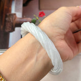 57.6mm A-Grade Natural Light Green Jadeite Traditional Round Bangle With Rope Carving No.151586