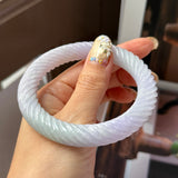 57.3mm A-Grade Natural Lavender Green Jadeite Traditional Round Bangle With Rope Carving No.151876