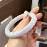 57.3mm A-Grade Natural Lavender Green Jadeite Traditional Round Bangle With Rope Carving No.151876