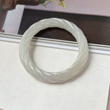57.5mm A-Grade Natural Light Yellowish Green Jadeite Traditional Round Bangle With Rope Carving No.151588