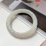 57.5mm A-Grade Natural Light Yellowish Green Jadeite Traditional Round Bangle With Rope Carving No.151588