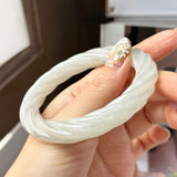 57.5mm A-Grade Natural Light Yellowish Green Jadeite Traditional Round Bangle With Rope Carving No.151588