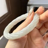 57.5mm A-Grade Natural Light Yellowish Green Jadeite Traditional Round Bangle With Rope Carving No.151588