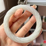57.5mm A-Grade Natural Light Yellowish Green Jadeite Traditional Round Bangle With Rope Carving No.151588