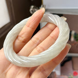 57.5mm A-Grade Natural Light Yellowish Green Jadeite Traditional Round Bangle With Rope Carving No.151588