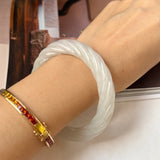 57.5mm A-Grade Natural Light Yellowish Green Jadeite Traditional Round Bangle With Rope Carving No.151588