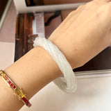 57.5mm A-Grade Natural Light Yellowish Green Jadeite Traditional Round Bangle With Rope Carving No.151588