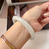 57.5mm A-Grade Natural Light Yellowish Green Jadeite Traditional Round Bangle With Rope Carving No.151588