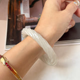 57.5mm A-Grade Natural Light Yellowish Green Jadeite Traditional Round Bangle With Rope Carving No.151588