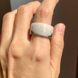 17.2mm A-Grade Natural White Dark Green Jadeite Archer Ring Band No. 161928