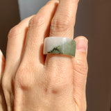 17.2mm A-Grade Natural White Dark Green Jadeite Archer Ring Band No. 161928