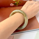 55mm A-Grade Natural Yellowish Green Brown Jadeite Traditional Round Bangle No. 151253