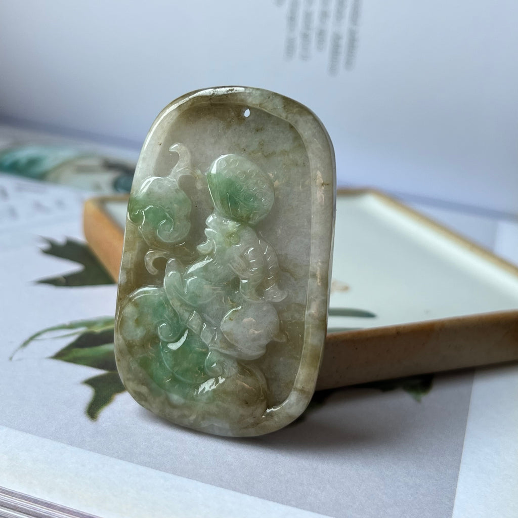 A-Grade Natural Green Jadeite Goat Ruyi Sparrow Peach Pendant No.171064