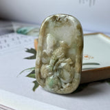A-Grade Natural Green Jadeite Goat Ruyi Sparrow Peach Pendant No.171064