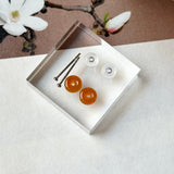 Icy A-Grade Natural Reddish Orange Jadeite Donut Stud Earrings No. 180900