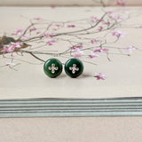 A-Grade Natural Dark Bluish Green Jadeite Donut Stud Earrings (Lilac Flower) No. 180827