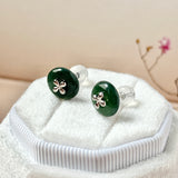 A-Grade Natural Dark Bluish Green Jadeite Donut Stud Earrings (Lilac Flower) No. 180827