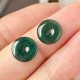 A-Grade Natural Dark Bluish Green Jadeite Donut Stud Earrings (Lilac Flower) No. 180827