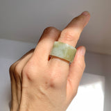 17mm A-Grade Natural White Yellowish Green Jadeite Archer Ring Band No. 161437